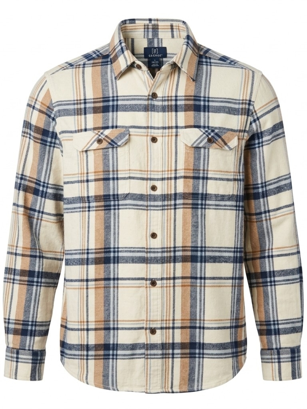George Men's Plaid Flannel Shirt Cream Navy Large